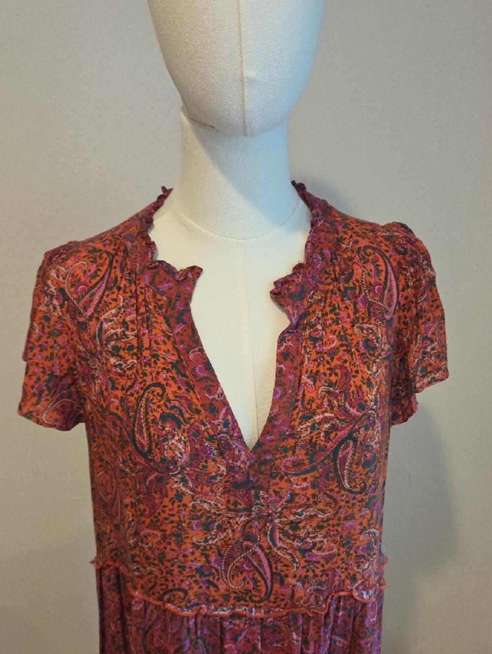 Anthropologie Pink Paisley Ruffled V-Neck Tiered Mini Dress - Picture 3 of 13